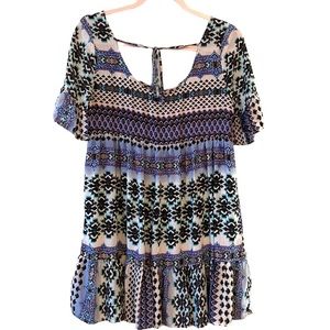 Entro Womens Boho Tunic Mini Babydoll Dress Size S Patchwork Tiered Ruffle Blue